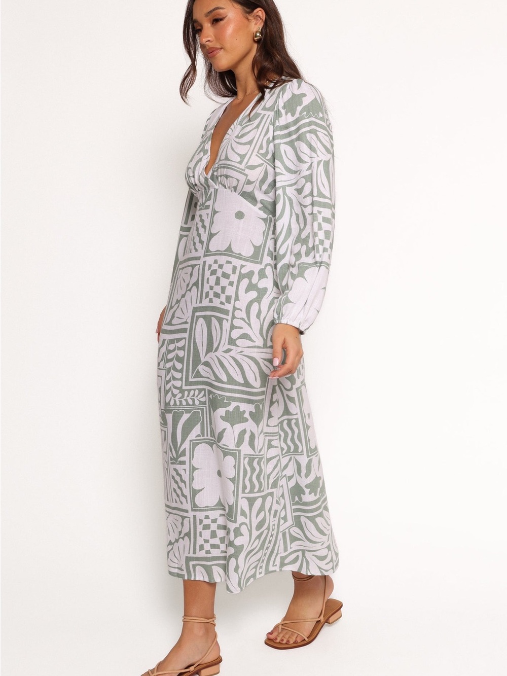Petal & Pup Kolby Long Sleeve Midi Dress Light Green & White Printed Maxi Dress - Picture 5 of 11